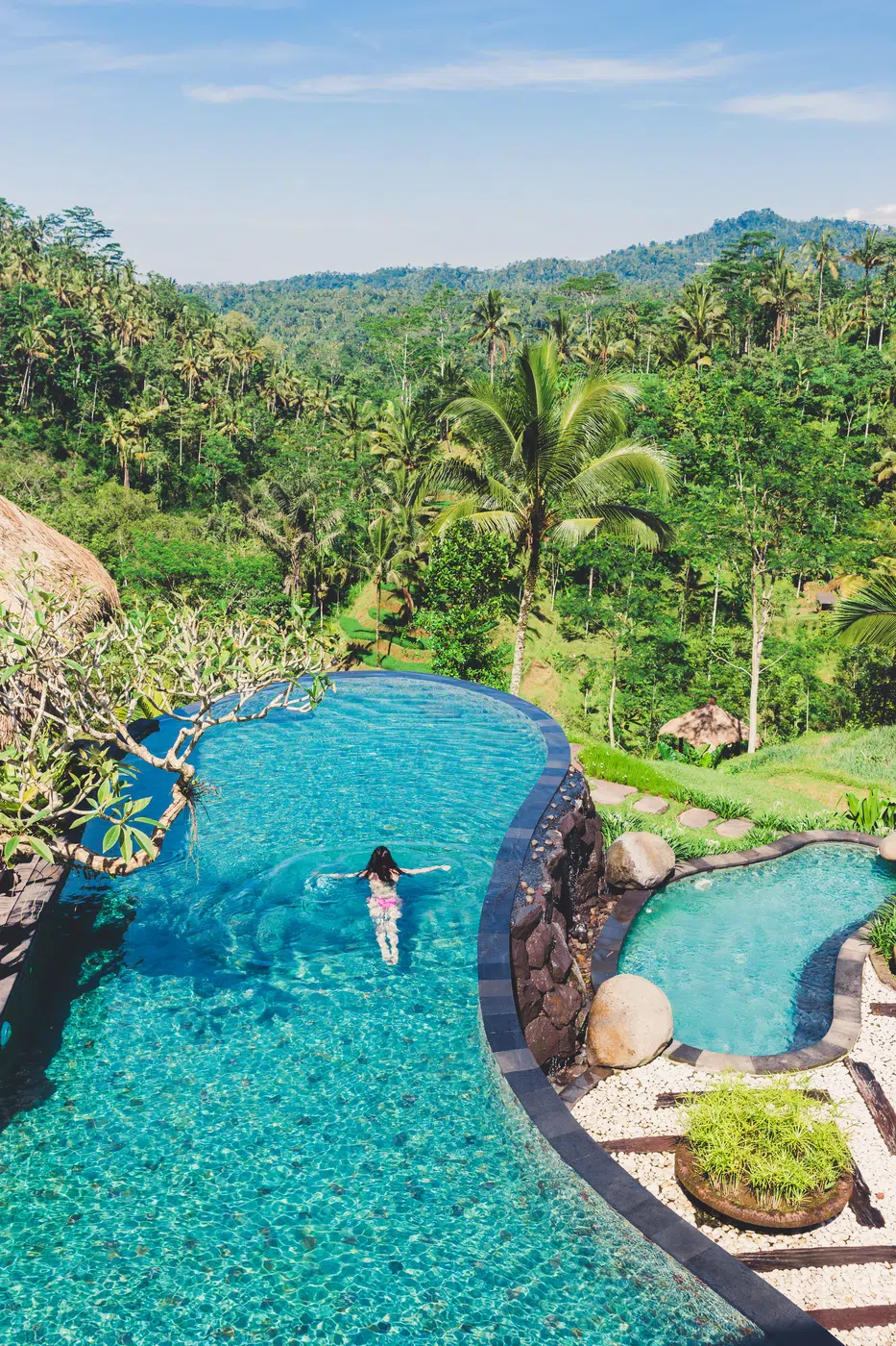 Aerial view of a private tropical retreat infinity pool