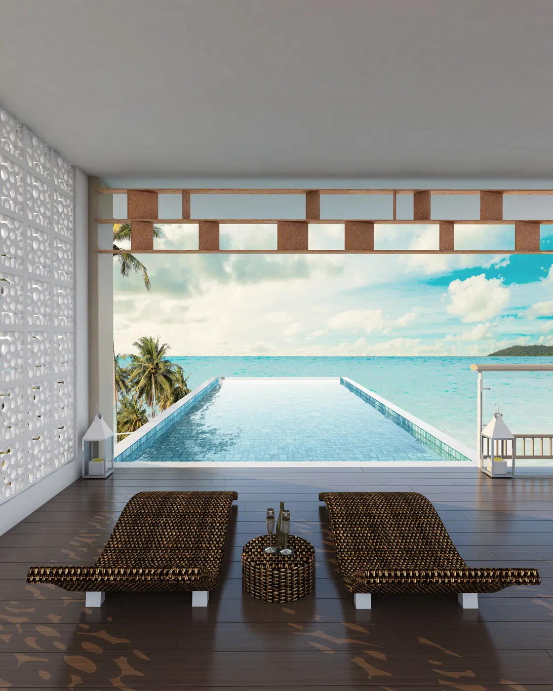 Contemporary architectural pavilion overlooking an oceanfront infinity pool