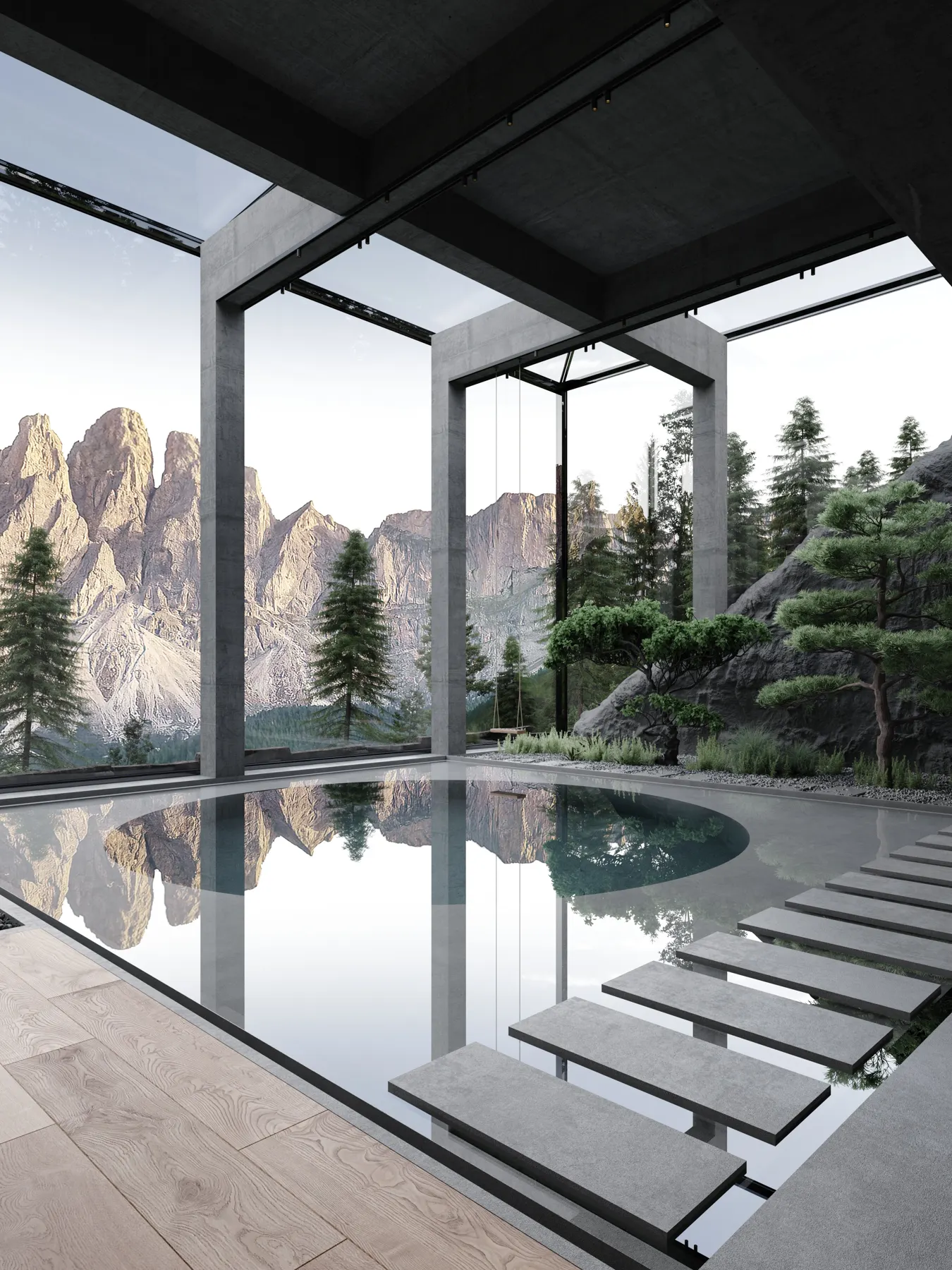 Modern architectural glass and concrete wellness pavilion with indoor pool