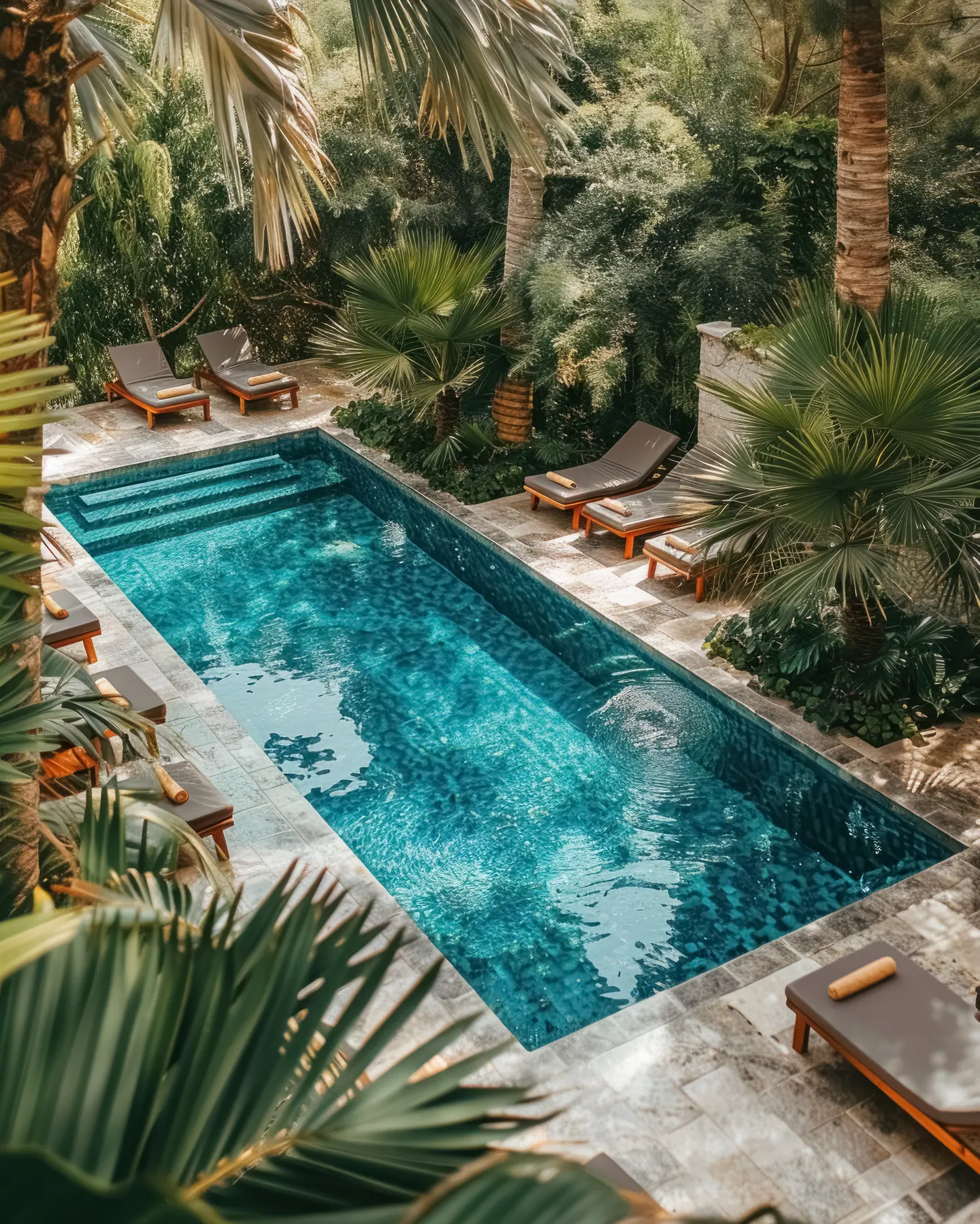 Overhead view of an architectural turquoise tiled swimming pool and terrace