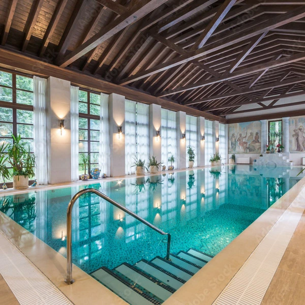 Architectural indoor swimming pool with exposed timber roof trusses